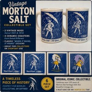 Vintage Morton Salt 150 Years 6 Piece Set 2 Mugs‎ 4 Ceramic Coasters 1914-1968